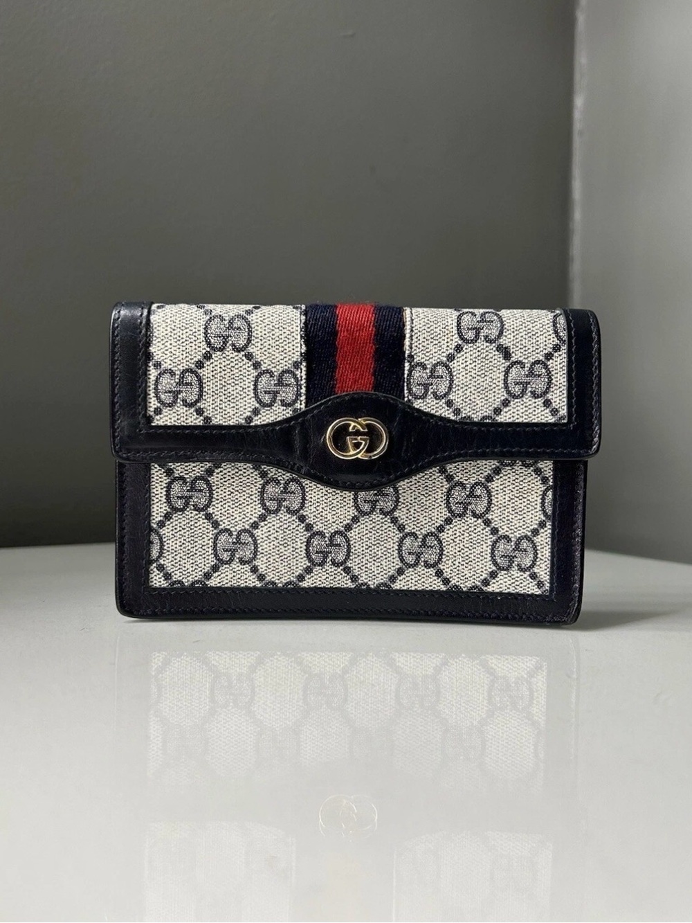 Gucci Web Navy Sherry Line GG Coated Canvas Clutch - Picture 1 of 13